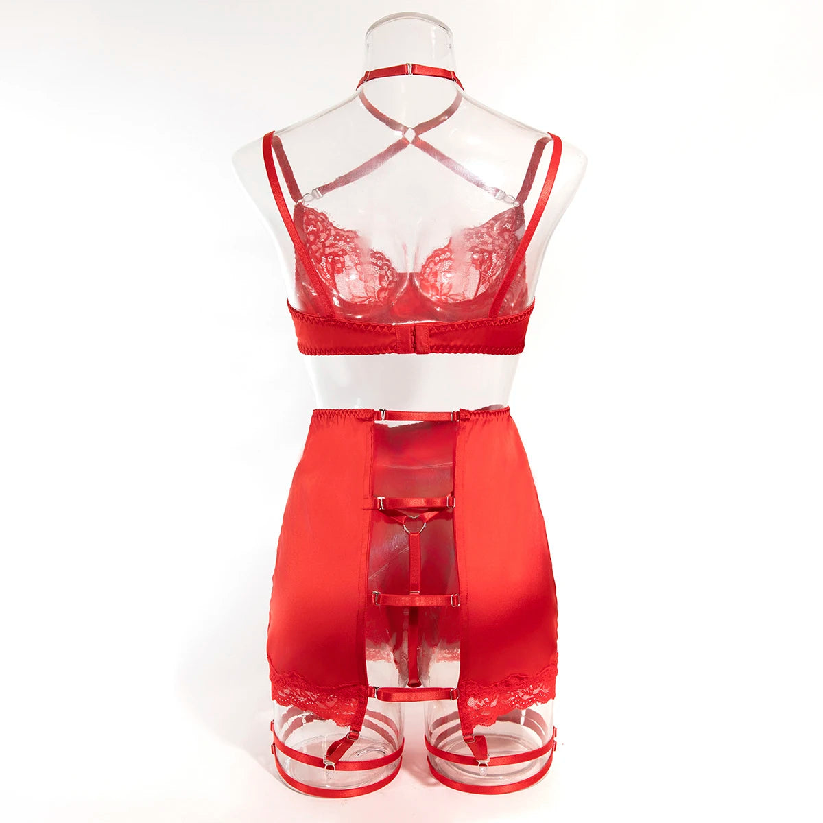 Lace lingerie set featuring a halter bra, heart g-string, and garter belts, designed by The Clothing Company Sydney.