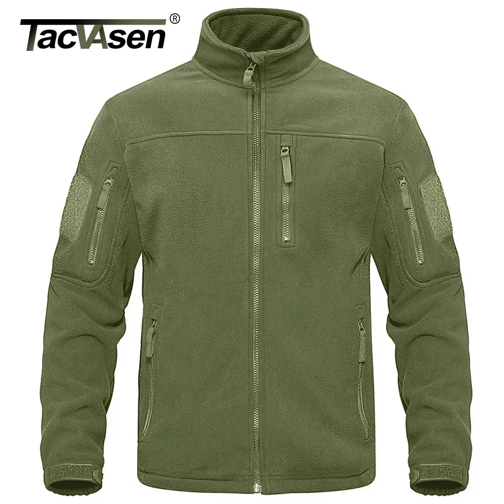 Men's green tactical fleece jacket with full zip, thermal warmth, multiple pockets, and windbreaker style for outdoor and work wear.