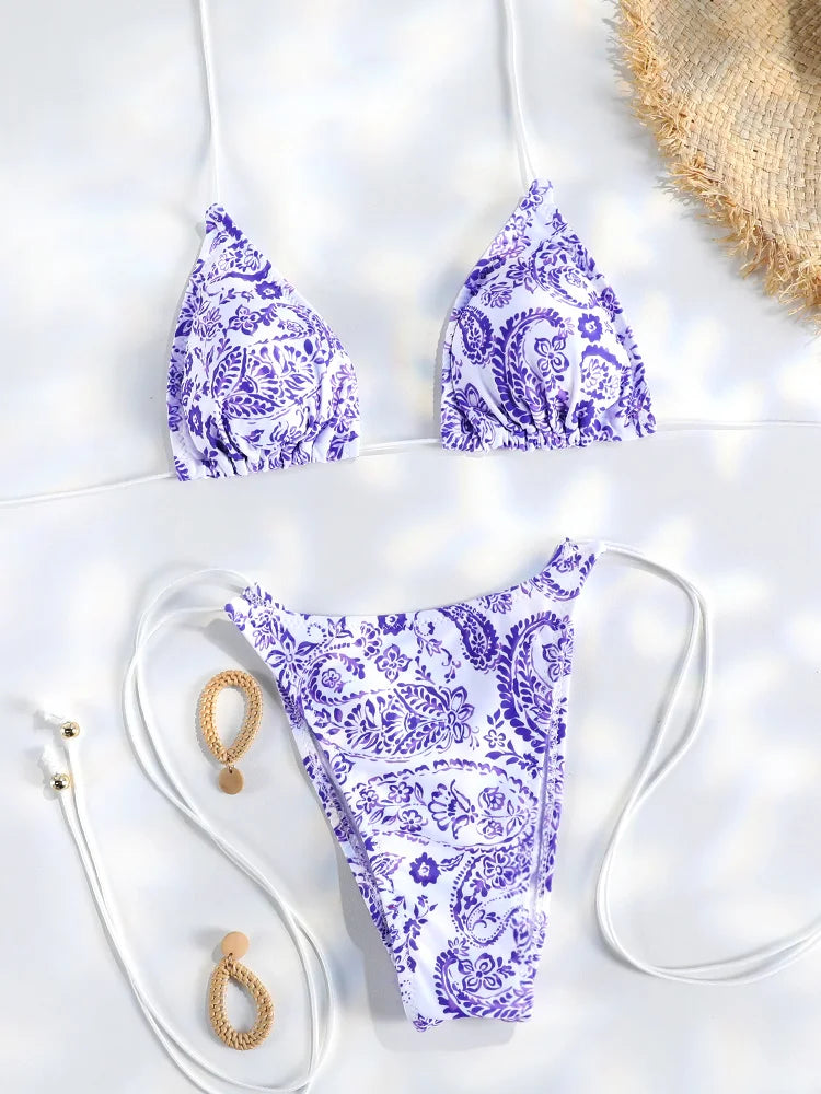 2 Piece Triangle Micro Thongs Swimsuit Bathing Suit Bandage Beachwear Print Swimwear Thong Bikini Set