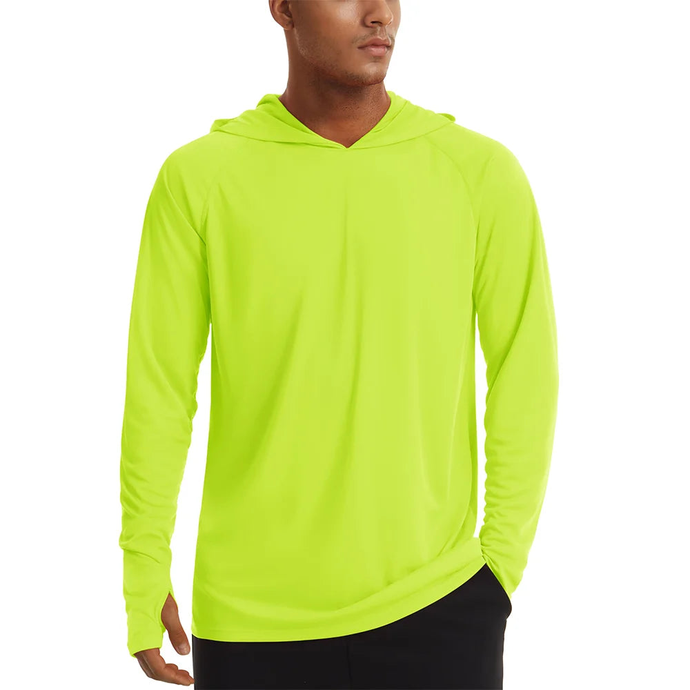 Men's UPF 50+ hooded T-shirt from The Clothing Company Sydney, quick-dry long sleeve shirt for outdoor sports and running.