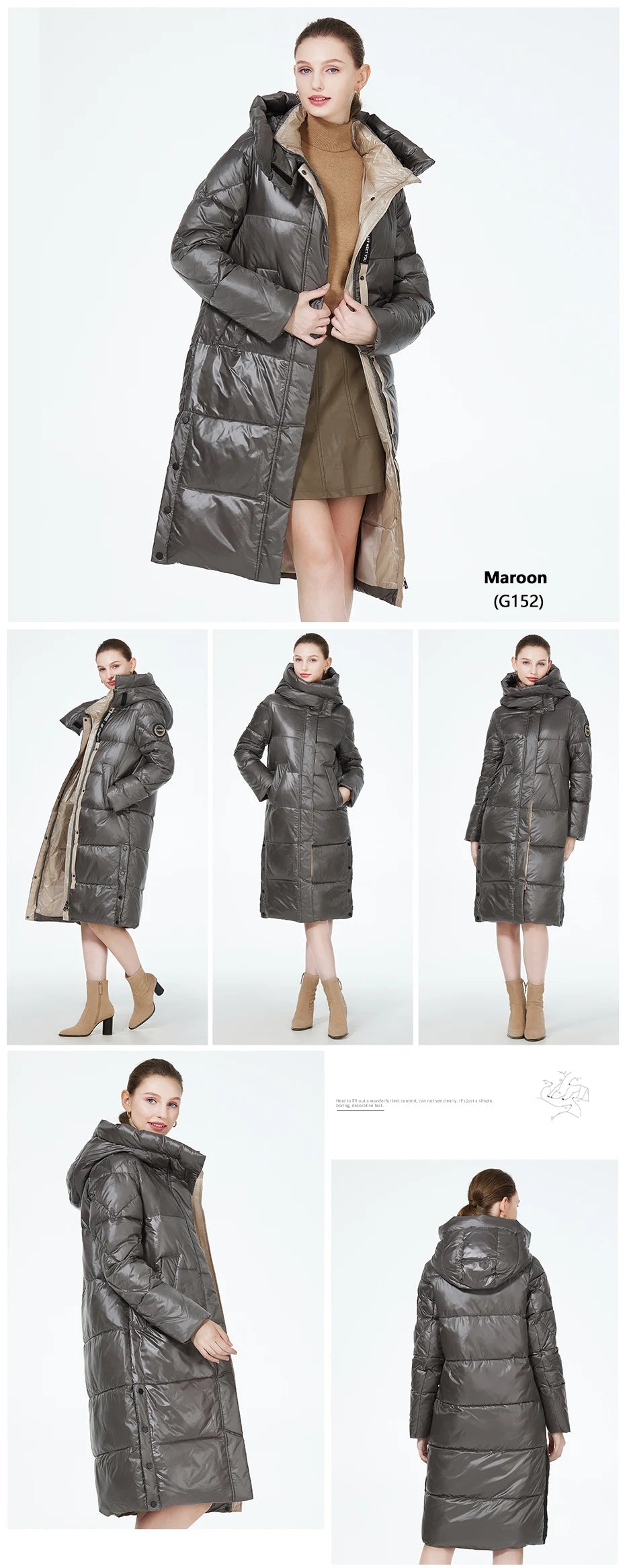 Women’s long hooded winter parka by The Clothing Company Sydney, thick quilted puffer jacket with front pockets.
