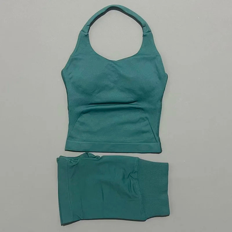 2 Piece Sports Halter Top Strappy Bra Shorts Matching Set Seamless Yoga Gym Running Fitness Shorts Suit