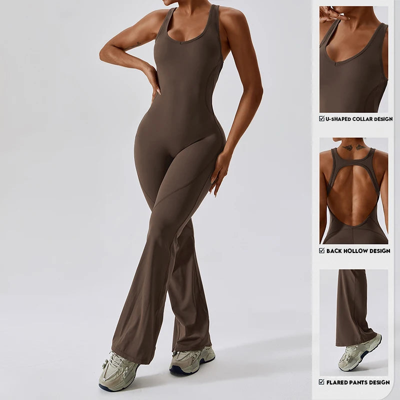 Open back V jumpsuit gym set by The Clothing Company Sydney, featuring a fitted stretch workout bodysuit for women’s fitness and yoga.