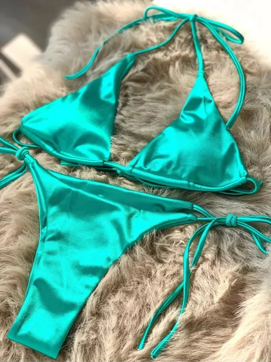 Two-piece Brazilian metallic satin swimsuit with halter top and high-cut bottoms, beachwear by The Clothing Company Sydney.