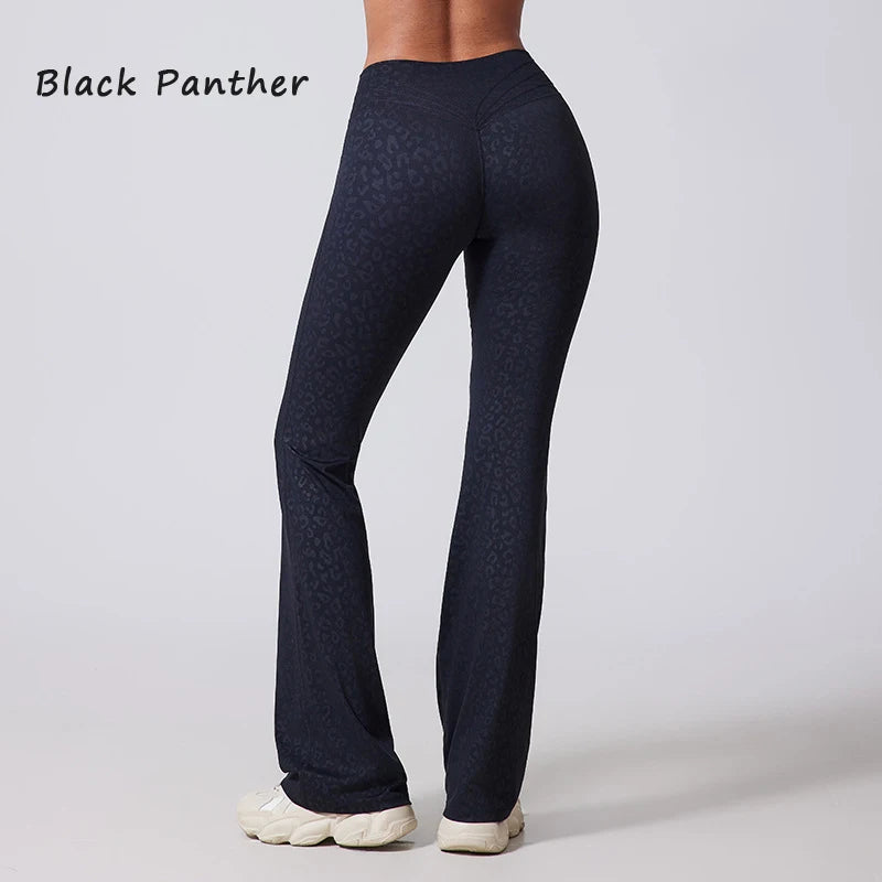 Women's high waisted flared yoga pants from The Clothing Company Sydney, featuring wide leg design and hip-lifting fit.