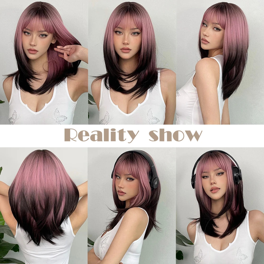 Long layered black and pink ombre synthetic wig for women, straight and mixed-colored cosplay hair accessory.