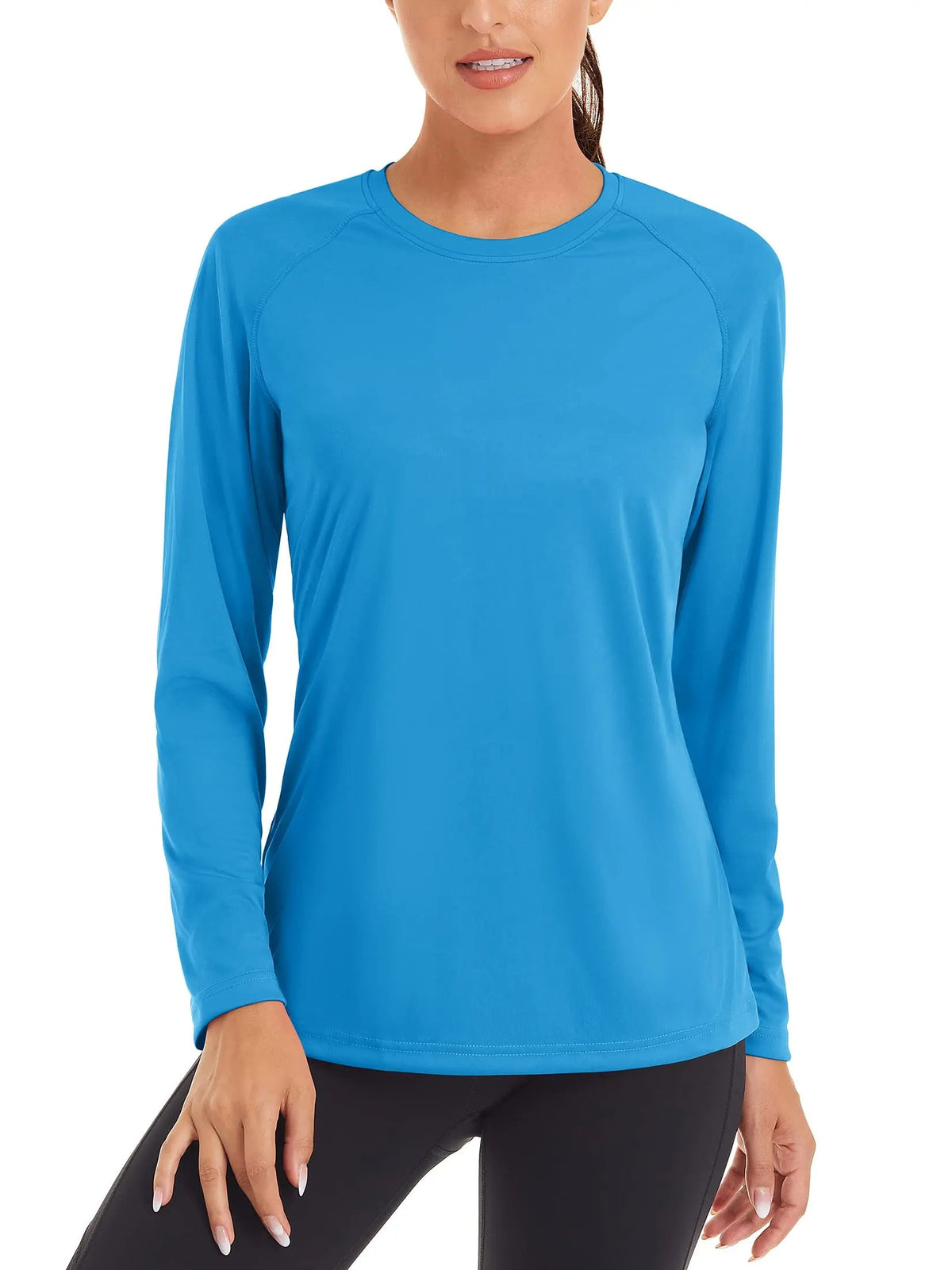 Women's UPF 50+ quick-dry performance sun protection long sleeve T-shirt by The Clothing Company Sydney, ideal for summer outdoor activities.