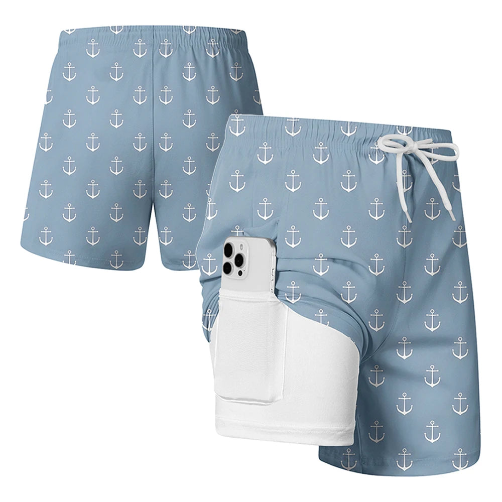 Men's quick dry double layer beach print swim trunks with compression liner and phone pockets