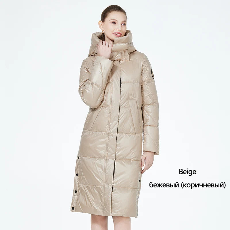 Women’s long hooded winter parka by The Clothing Company Sydney, thick quilted puffer jacket with front pockets and cozy insulation.