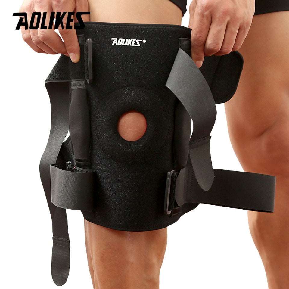 Hiking and cycling knee support protector with removable aluminum plate and four straps, designed for mountaineering and knee joint support.