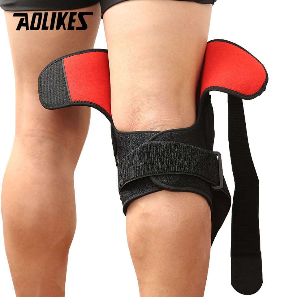 Hiking and cycling knee support protector with removable aluminum plate and four straps for mountaineering and knee joint stability.