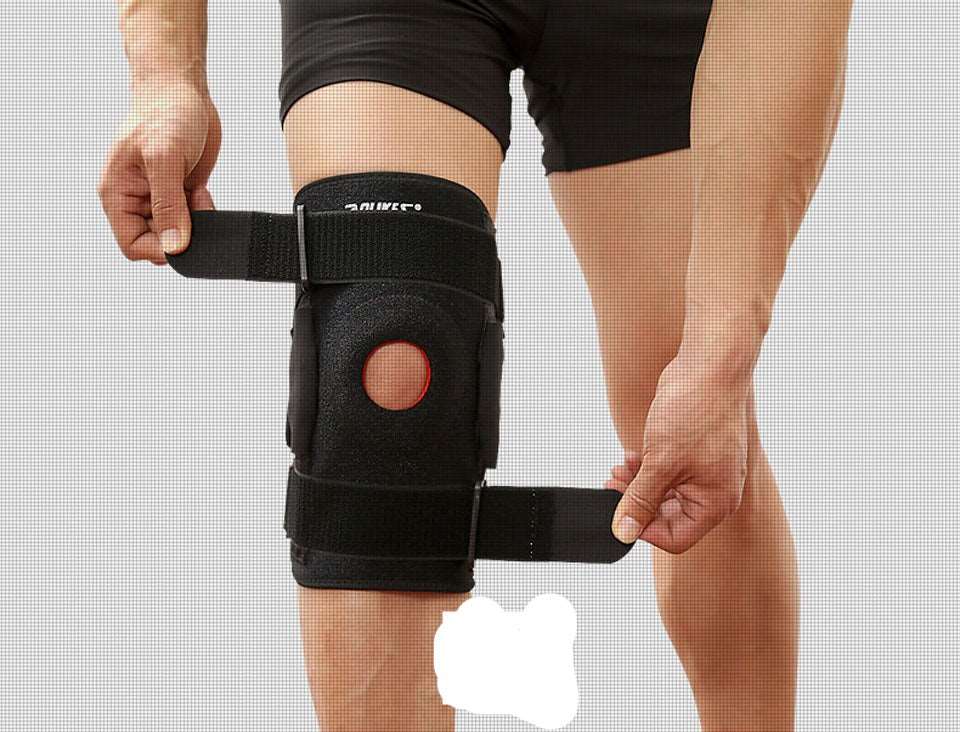 Hiking and cycling knee support protector with removable aluminum plate and four straps, designed for mountaineering knee joint.