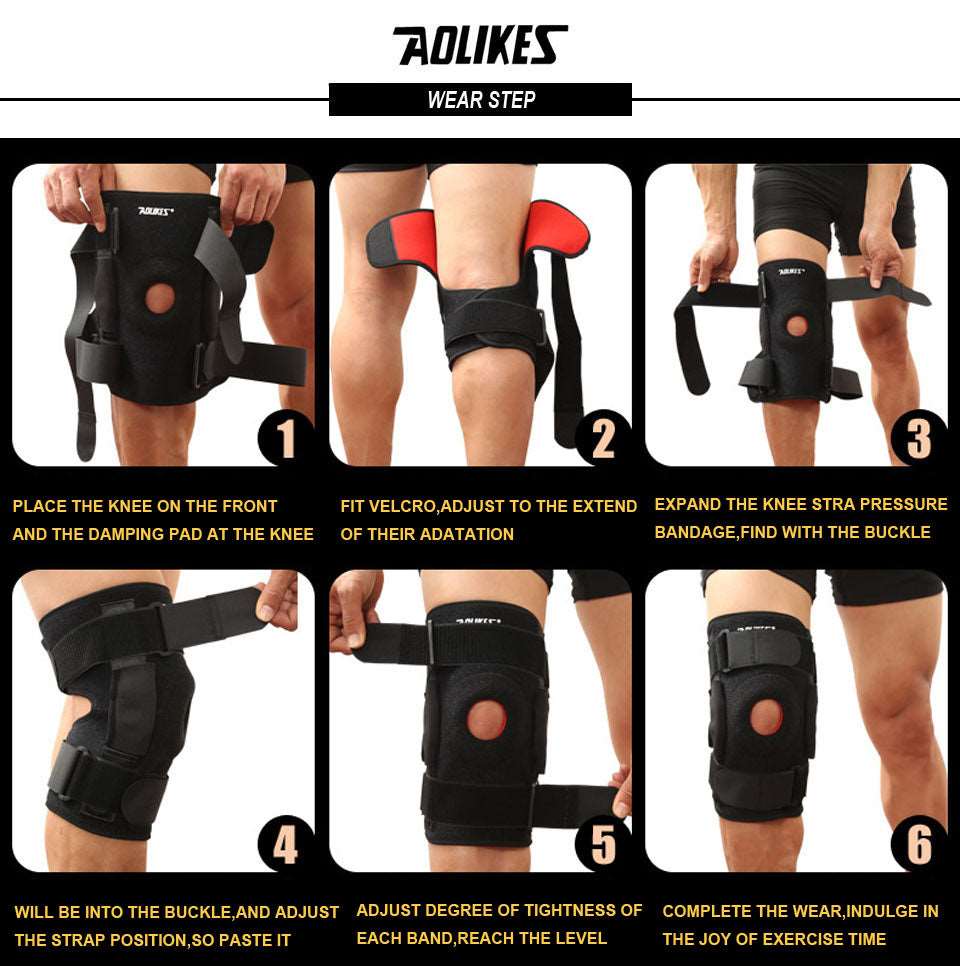 Hiking and cycling knee support protector with removable aluminum plate and four straps for mountaineering knee joint support.