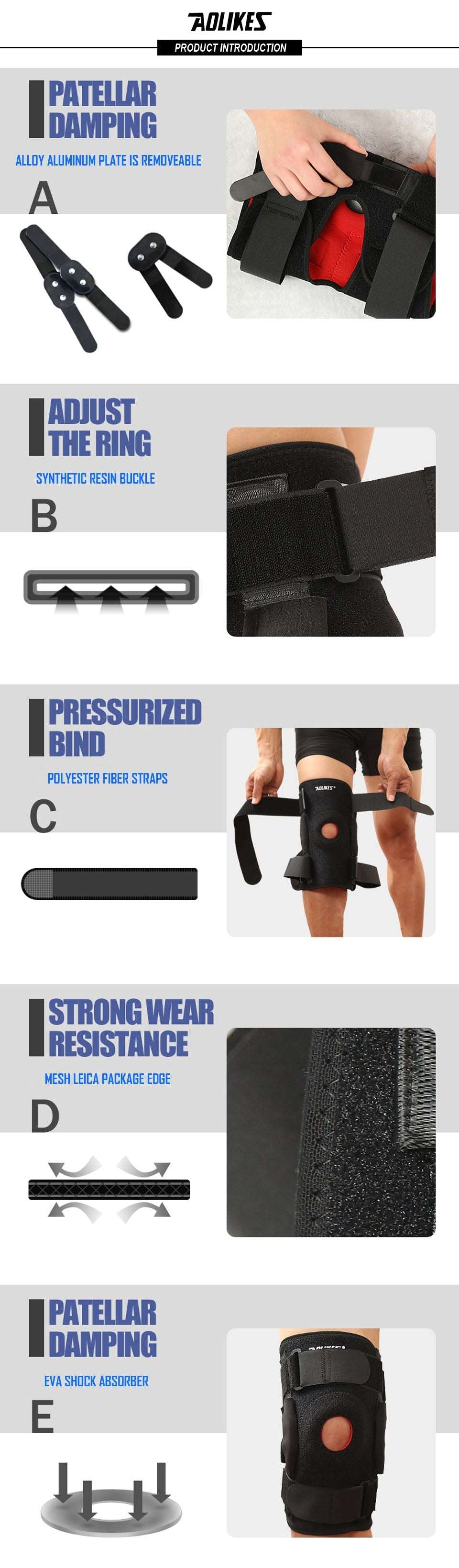 Hiking and cycling knee support brace with removable aluminum plate and four straps, designed for mountaineering and joint protection.