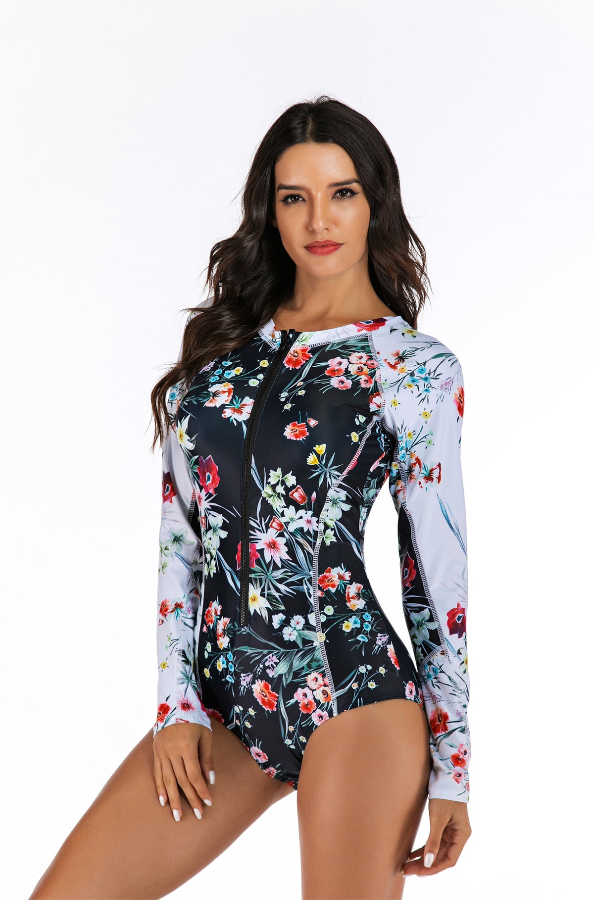 Black one-piece rashguard swimsuit by The Clothing Company Sydney with long sleeves, ideal for surfing and beach swimming.