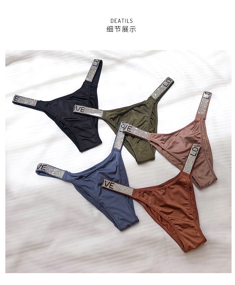 Ice silk seamless G-string lingerie by The Clothing Company Sydney featuring rhinestone leopard print and low waist design.