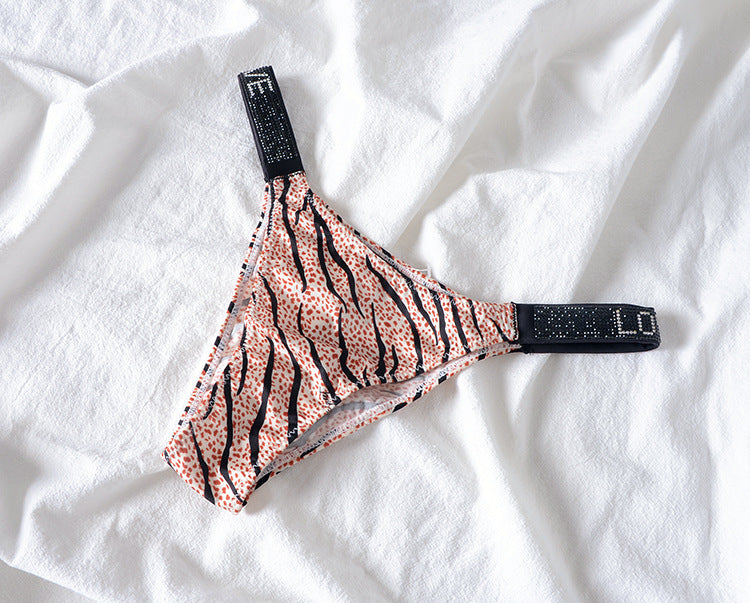 Ice silk seamless G-string lingerie by The Clothing Company Sydney featuring rhinestone leopard print and low waist fit.
