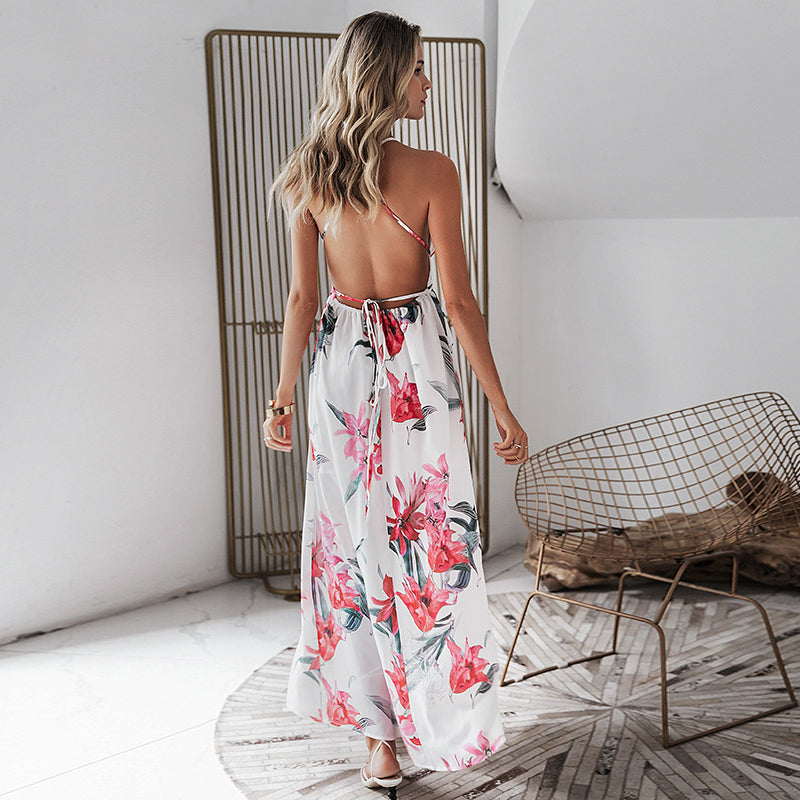 Backless boho floral print long chiffon summer dress with deep V-neck, sleeveless design, perfect for autumn occasions.