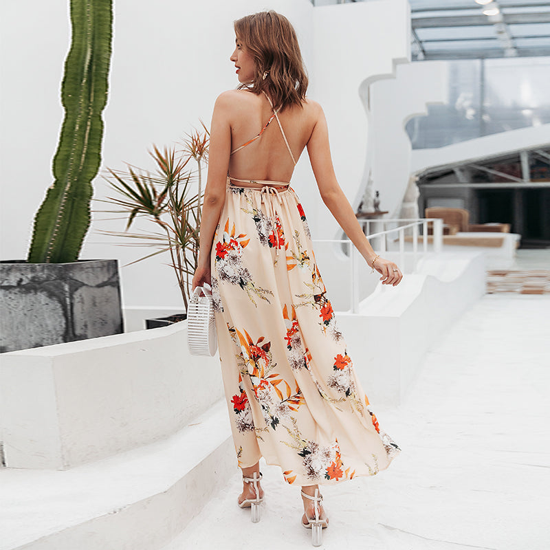 Backless boho floral print long chiffon summer dress with deep V-neck, perfect for women, by The Clothing Company Sydney.