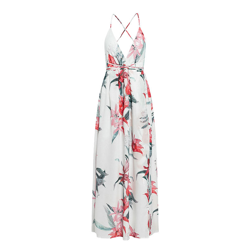 Backless boho floral print long chiffon dress with deep V-neck, perfect for summer or autumn, by The Clothing Company Sydney