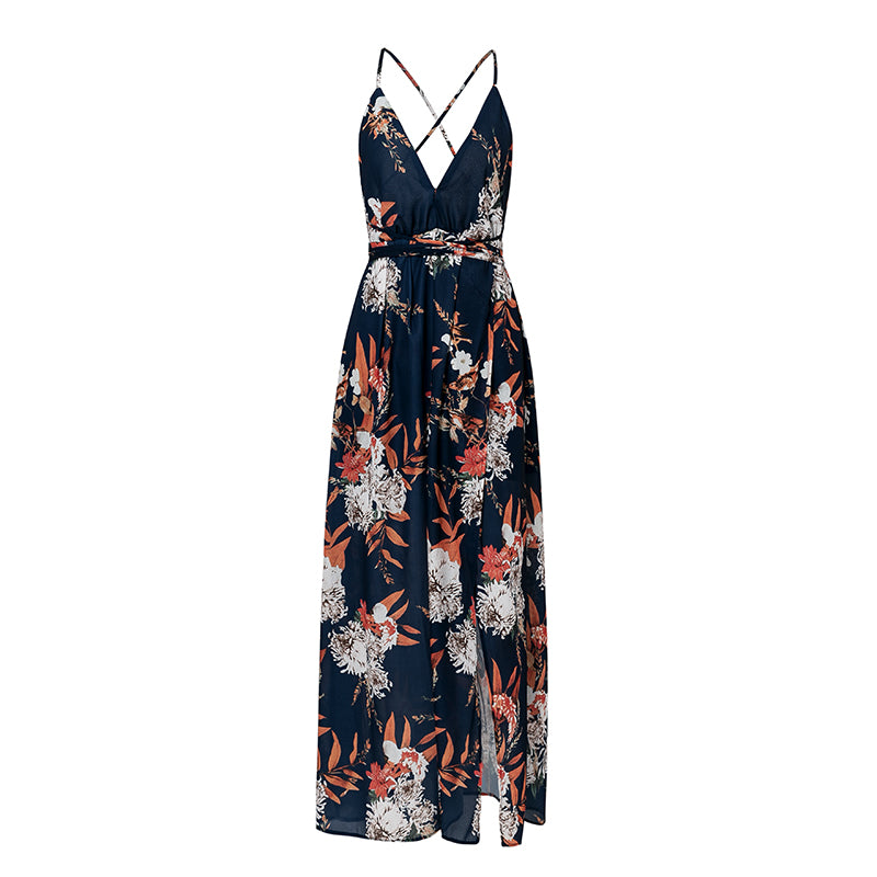 Backless boho floral print long dress by The Clothing Company Sydney, featuring deep V-neck and chiffon fabric for summer or autumn wear.