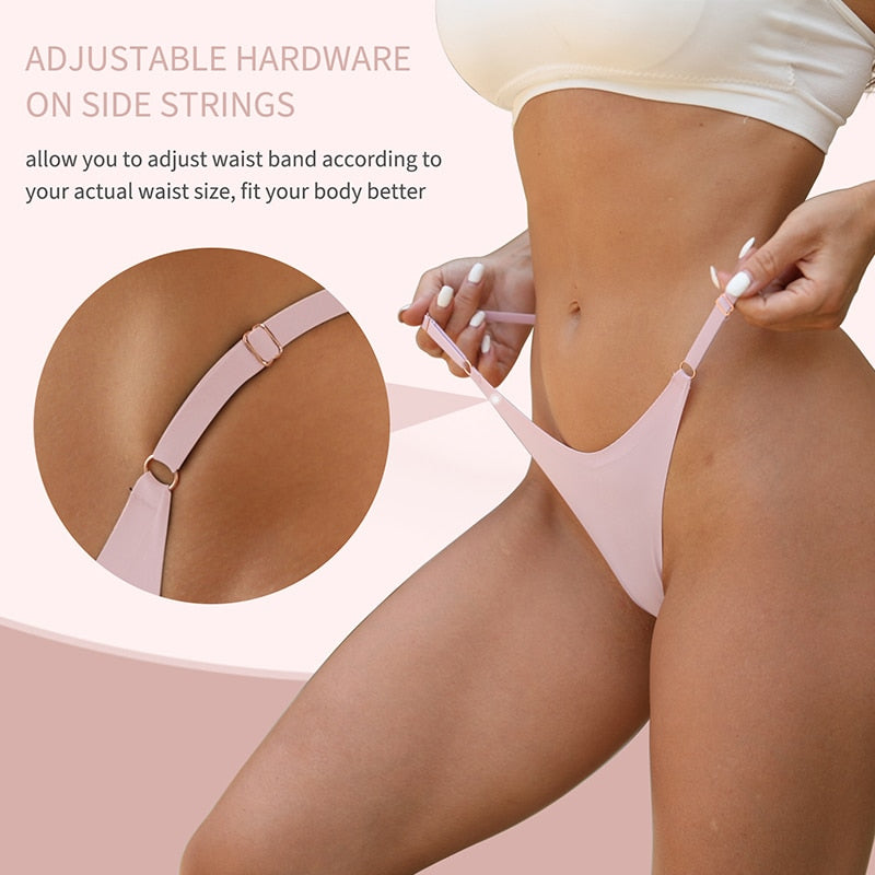 Two seamless silky G-string thongs from The Clothing Company Sydney, low rise with adjustable waistband and minimalist design.