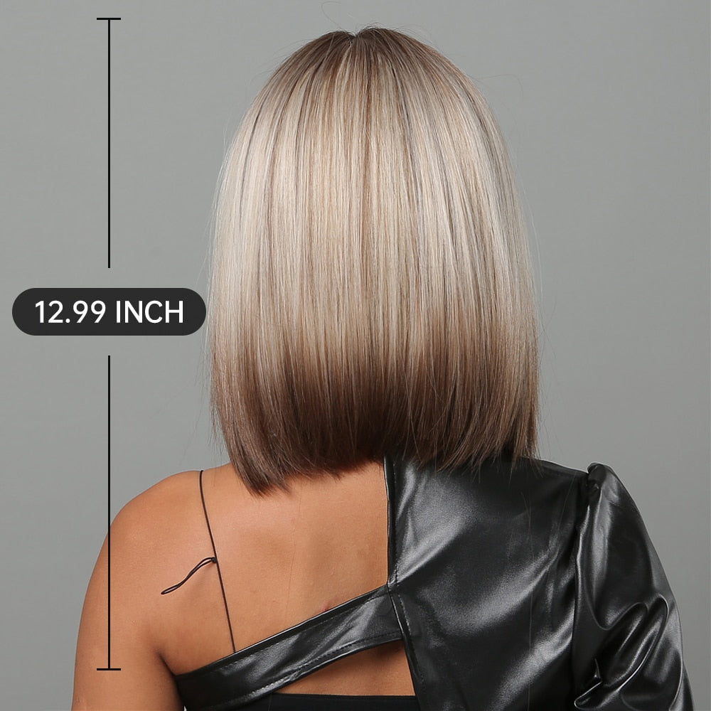 Blonde to brown ombre short straight synthetic wig with bangs for women, heat resistant, suitable for cosplay and daily wear.