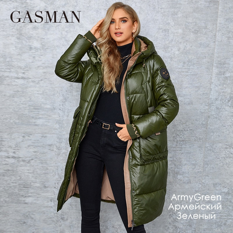 Women's down jacket by The Clothing Company Sydney featuring a long slim design, stand collar, hood, large pockets, and classic zipper.