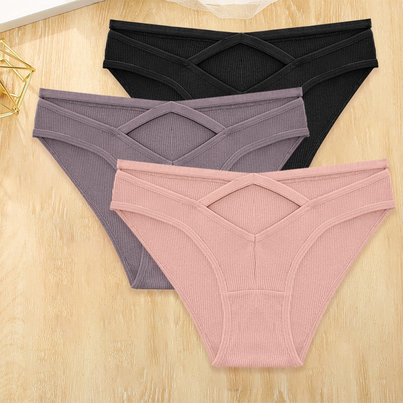 Three-pack cotton blend low-rise briefs from The Clothing Company Sydney, featuring front cross design and hollow-out details.