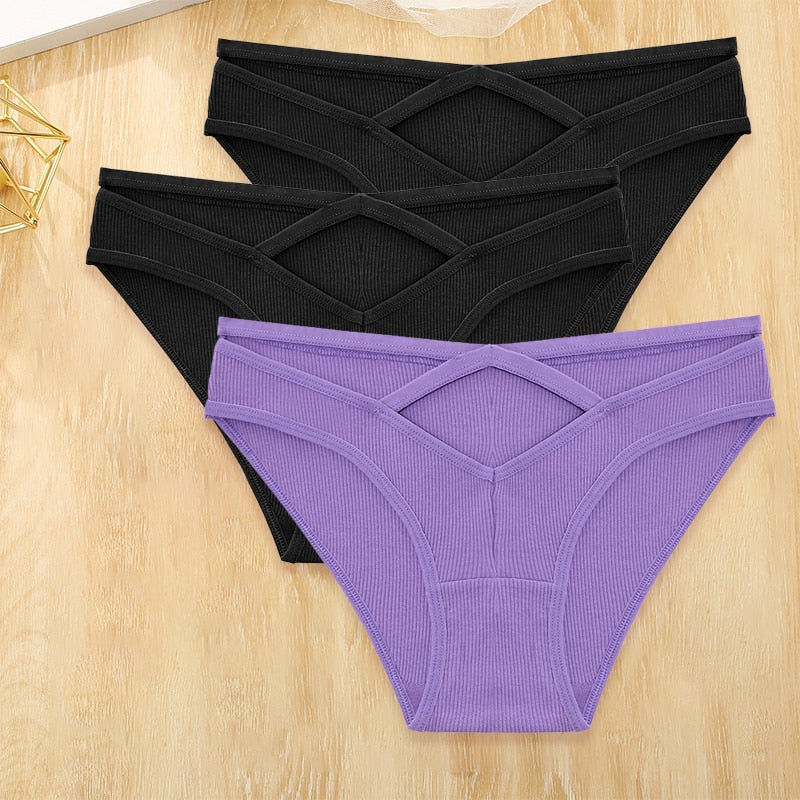 Three-pack cotton blend low-rise briefs from The Clothing Company Sydney, featuring front cross design and hollow-out details.