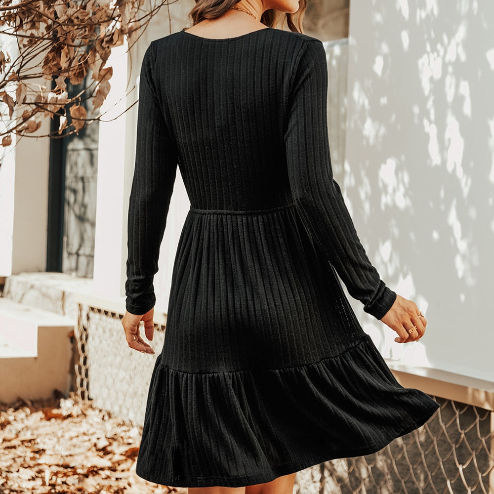 Ribbed A-Line Mini Dress For Woman Grey V-neck Long Sleeve Party Dress Spring Autumn Sundress The Clothing Company Sydney