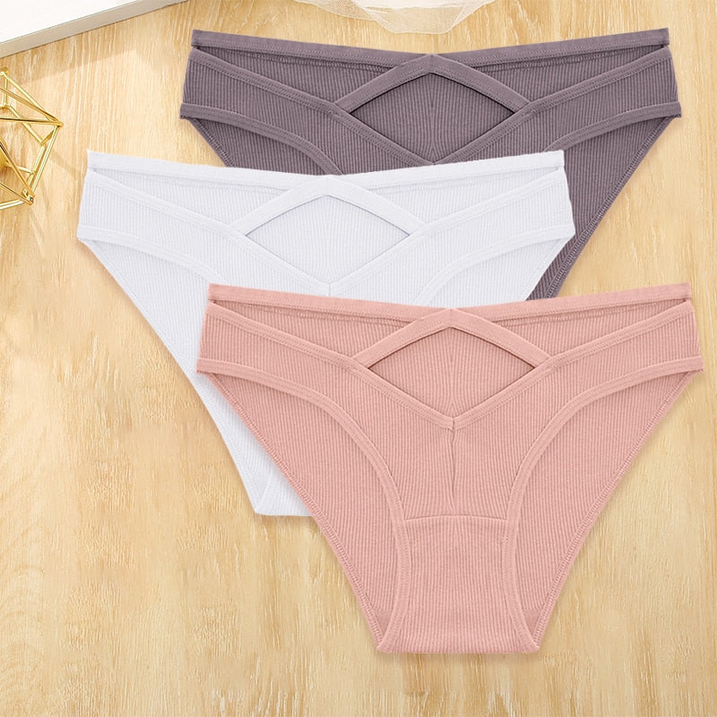 Three-pack of low-rise cotton blend panties with front cross design and hollow out details, from The Clothing Company Sydney.
