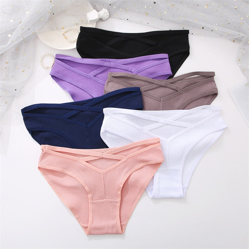 Three-pack of cotton blend low-rise briefs with front cross design and hollow out details, from The Clothing Company Sydney lingerie collection.