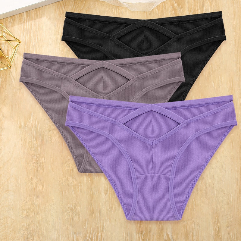 Three-pack cotton blend low-rise briefs by The Clothing Company Sydney, featuring front cross design and hollow-out details.