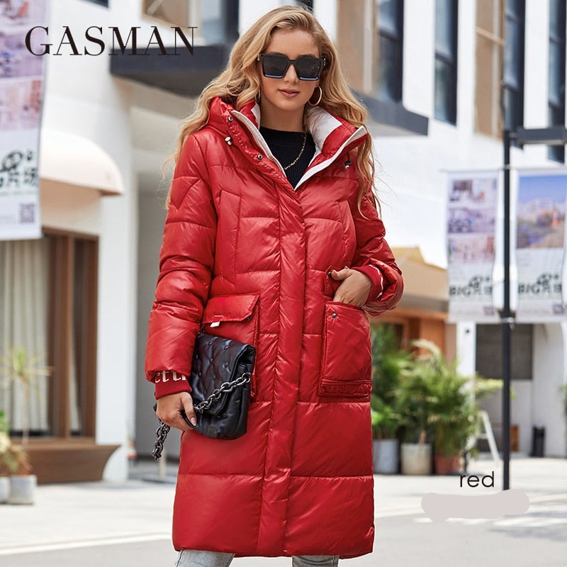 Women's long down jacket by The Clothing Company Sydney with stand collar, hood, zipper, and large pockets, slim fit coat.