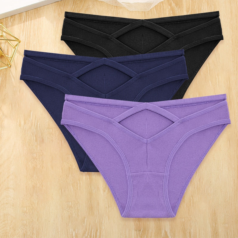 Three-pack of low-rise cotton blend briefs from The Clothing Company Sydney, featuring front cross design and hollow-out details.