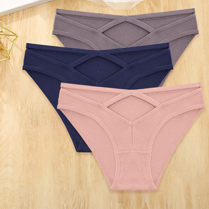Three-pack cotton blend low-rise briefs from The Clothing Company Sydney with front cross design and hollow-out detail.