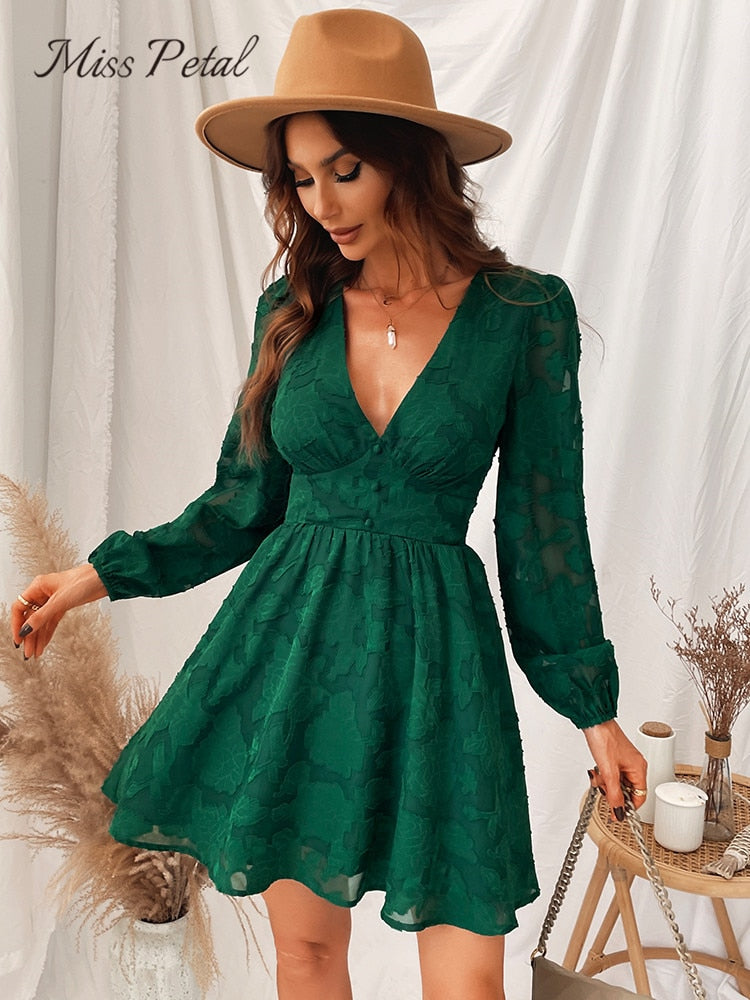 Green plunge A-line mini dress with long sleeves, perfect for spring and autumn parties, by The Clothing Company Sydney.