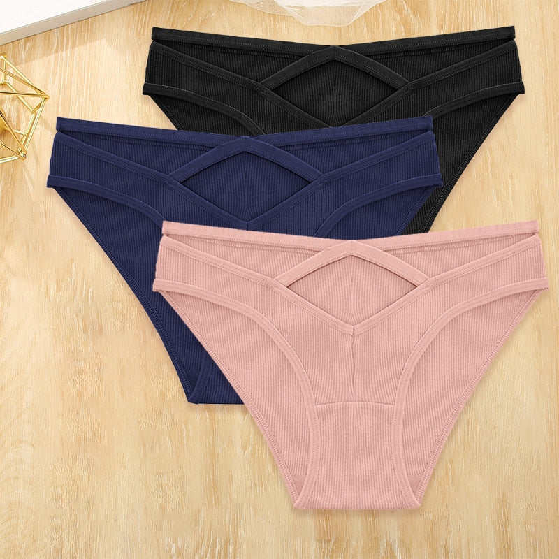 Three-pack cotton blend low-rise briefs with front cross design, hollow-out details, and comfortable lingerie from The Clothing Company Sydney