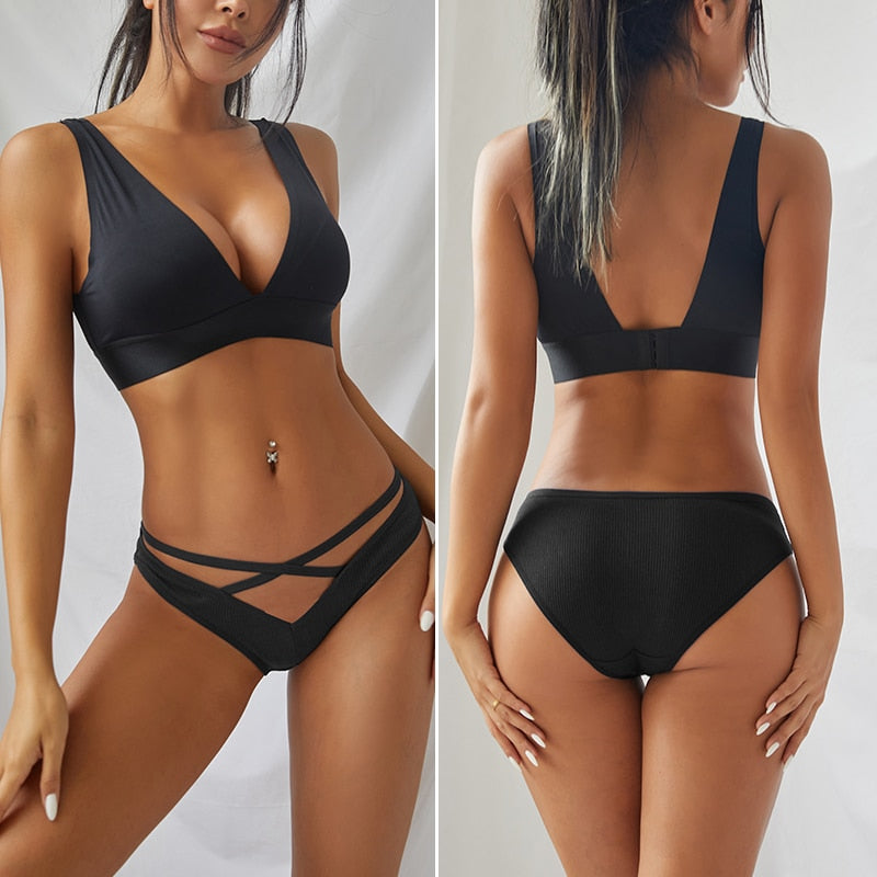 Three-pack cotton blend low-rise briefs lingerie from The Clothing Company Sydney, featuring front cross design and hollow-out details.