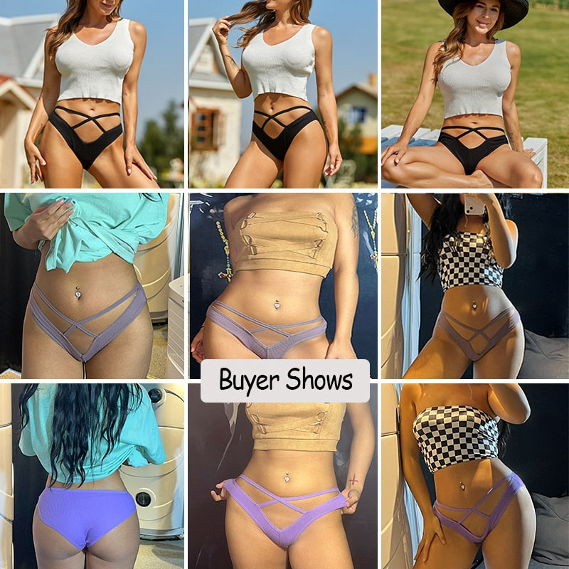 Three-pack of The Clothing Company Sydney cotton blend low-rise briefs with front cross design and hollow-out details, lingerie underwear.