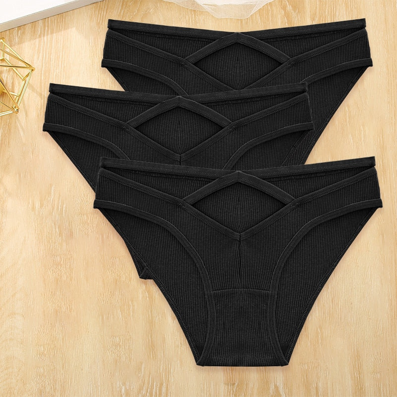 Three-pack of The Clothing Company Sydney cotton blend low-rise briefs with front cross design and hollow out accents, lingerie underwear set.