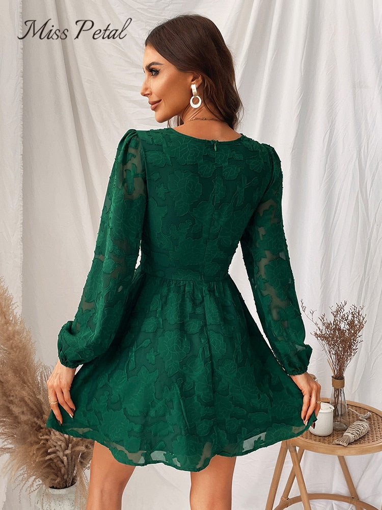 Green plunge A-line mini dress with long sleeves, perfect for spring and autumn parties, by The Clothing Company Sydney.