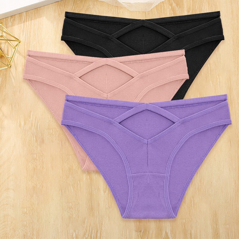 Three cotton blend low-rise briefs with front cross design and hollow-out details, lingerie by The Clothing Company Sydney.