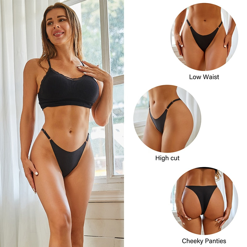 Two-pack seamless silky G-string thongs by The Clothing Company Sydney, low-rise lingerie with adjustable waistband and hipster fit.