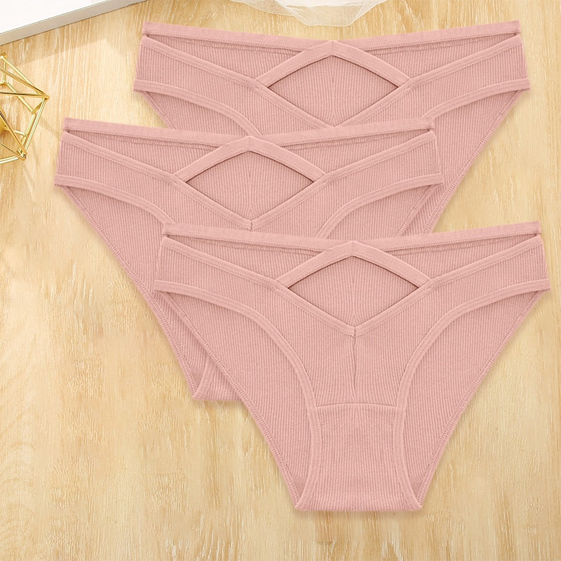 Three pack of low-rise cotton blend briefs from The Clothing Company Sydney, featuring front cross design and hollow out details.