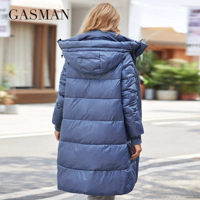 Women's down jacket by The Clothing Company Sydney featuring a slim fit, hood, stand collar, front zipper, and large pockets.