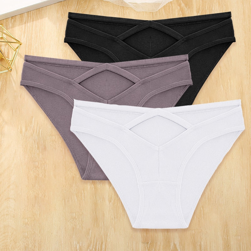 Three-pack of low-rise cotton blend panties with front cross design and hollow out details from The Clothing Company Sydney.