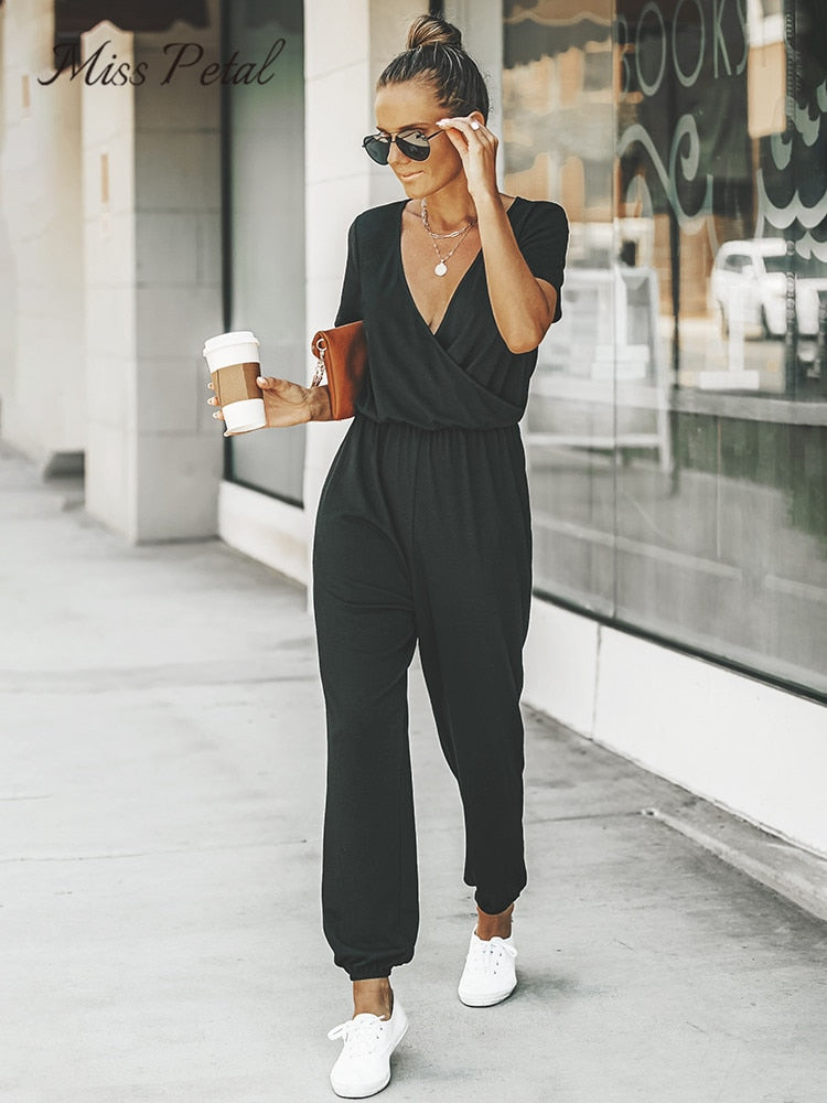V-neck short sleeve casual long jogger pants jumpsuit by The Clothing Company Sydney, featuring a comfortable summer summer romper bodysuit.