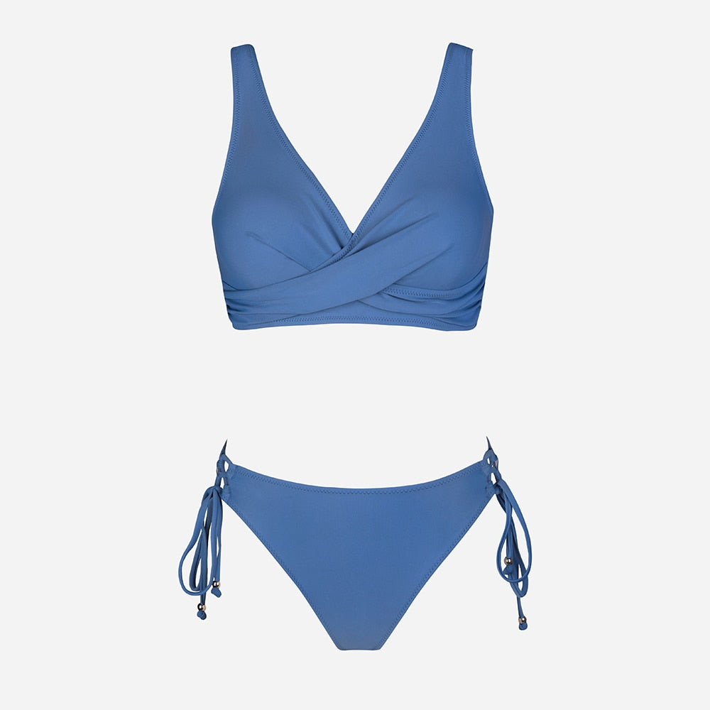 Mid-waist bikini swimsuit set with lace-up detail, two-piece swimwear by The Clothing Company Sydney, perfect for beach and swimming.